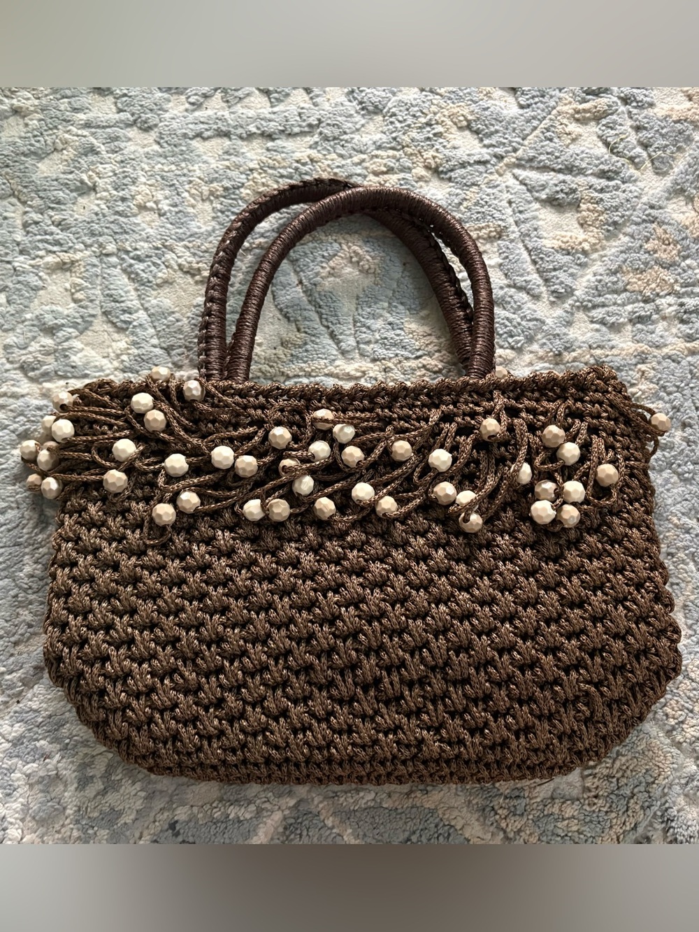 Vintage Magid chocolate brown crochet handbag with a beaded fringe from Italy